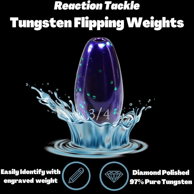 Reaction Tackle Tungsten Flipping Weights for Bass Fishing - Sinkers for Punching Heavy Cover - Fresh & Saltwater - Texas/Carolina Rigs - Size Stamped