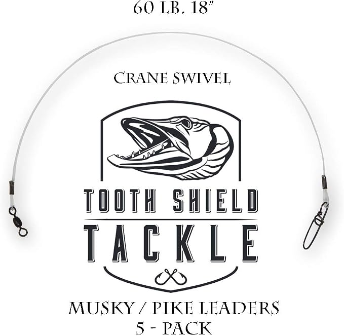 5 Pack 60 lb. Premium Fluorocarbon Tooth Shield Tackle Musky Leader Muskie Pike Leader (Crane Swivel)