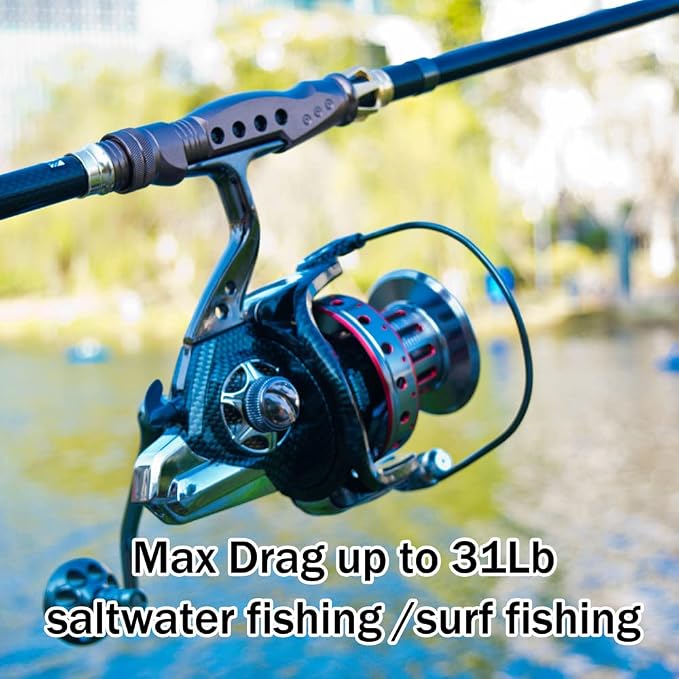Fishdrops Surf Spinning Reel, Size 10000 12000 Saltwater Fishing Reels, Full Metal Frame 31 LBs Max Drag, 10+1 Stainless BB Ultra Smooth Powerful, High Capacity Long Casting Spinning Reels