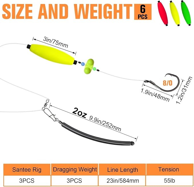 Dovesun 6PCS Catfish Rigs Kit Santee Rig with Catfish Float Rattler Dragging Weights Catfishing Tackle Circle Hook Size 5/0 8/0 Weight Size 2OZ/3OZ/4OZ