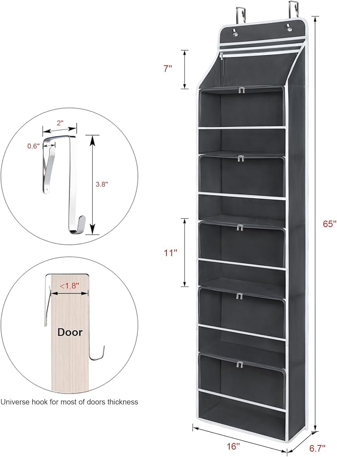 Univivi Hanging Yarn Storage Organizer with 6 Zipper Closure Compartments, Large Capacity Knitting Organizer Storage, Over The Door Hanging Yarn Holder for Knitting Needles, Crochet Hooks (Dark Grey)