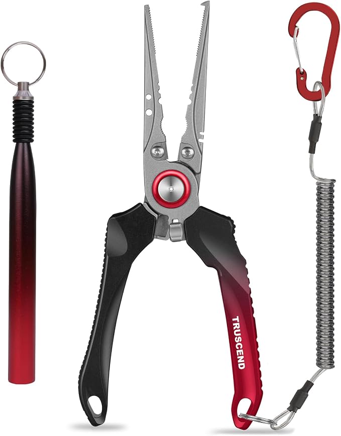 TRUSCEND Easy Use Lockable Fishing Pliers with Tungsten Carbide Cutter, Innovative Ergonomic Handy Handle, Saltwater Corrosion Resistant Teflon Coated Fishing Tool, Light Multi-Function Fishing Gear