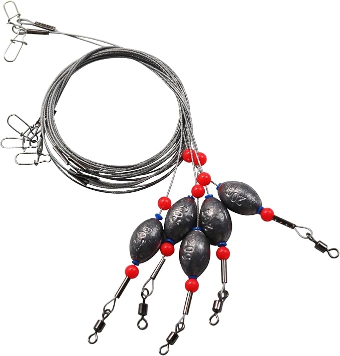 Fishing Egg Sinker with Soft Plastic Core Weight Rigs 5pcs Flounder Rig Saltwater,176.37lb Fishing Wire Leader with Egg Sinker Swivels Snap, Grouper Bottom Fishing Rigs
