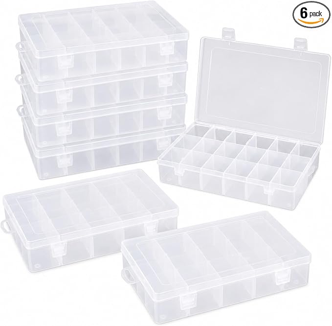 APACALI 6 Pack Plastic Organizer Box with Dividers, 18 Grids Clear Tackle Box Organizer, Adjustable Compartment Storage Boxes for Beads, Jewelry, Crafts, Fishing Lures, Screws and Small Parts