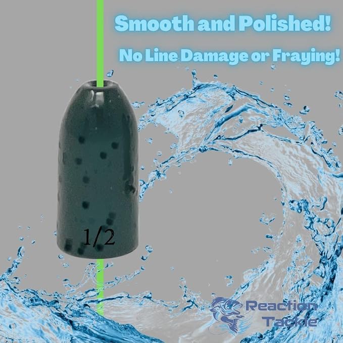 Reaction Tackle Tungsten Worm Weights for Bass Fishing - Bullet Shaped Sinkers/Fishing Weights - for Texas Rig and Carolina Rig/Size Stamped
