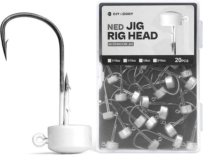 Ned Rig Jig Heads, 20 Pack Finesse Mushroom Jig Hooks Kit for Bass Fishing 1/16 3/32 1/8 3/16oz