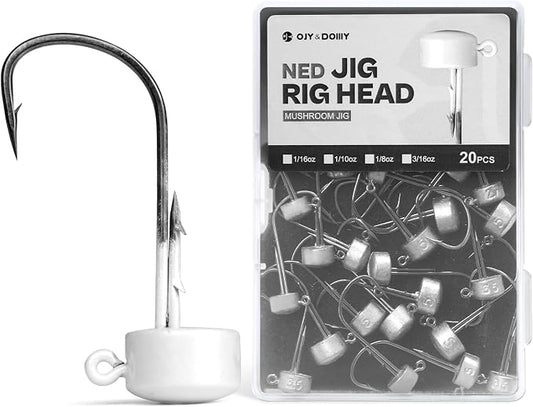Ned Rig Jig Heads, 20 Pack Finesse Mushroom Jig Hooks Kit for Bass Fishing 1/16 3/32 1/8 3/16oz