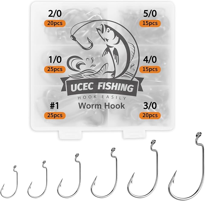 UCEC Fishing Hooks, 140PCS/ 100PCS/ 60PCS EWG Offset Worm Hooks Bass Hooks Wide Gap 2X Strong Senko Bait Texas Rig Jig Fish Hooks for Bass Trout Saltwater Freshwater Size:#4#2#1 1/0 2/0 3/0 4/0 5/0