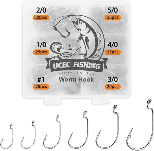 UCEC Fishing Hooks, 140PCS/ 100PCS/ 60PCS EWG Offset Worm Hooks Bass Hooks Wide Gap 2X Strong Senko Bait Texas Rig Jig Fish Hooks for Bass Trout Saltwater Freshwater Size:#4#2#1 1/0 2/0 3/0 4/0 5/0