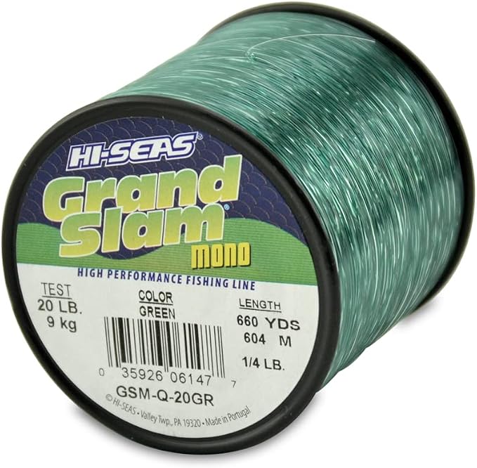HI-SEAS Grand Slam Monofilament Fishing Line - Strong & Abrasion Resistant in Clear, Pink, Green, Smoke Blue, Fluorescent Yellow Freshwater & Saltwater – Quarter Pound Spool