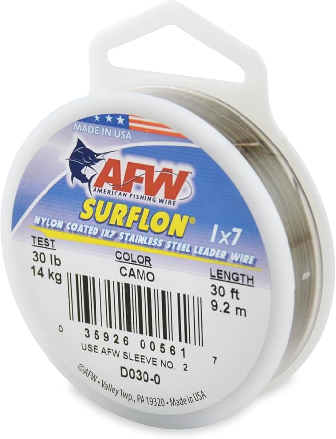 American Fishing Wire Surflon Nylon Coated 1x7 Stainless Steel Wire Leader - Wire Fishing Leader Line for Saltwater 10lb Up To 250lb Test in Bright, Black, Camo in 30ft, 100ft, 300ft, & 1000ft Lengths