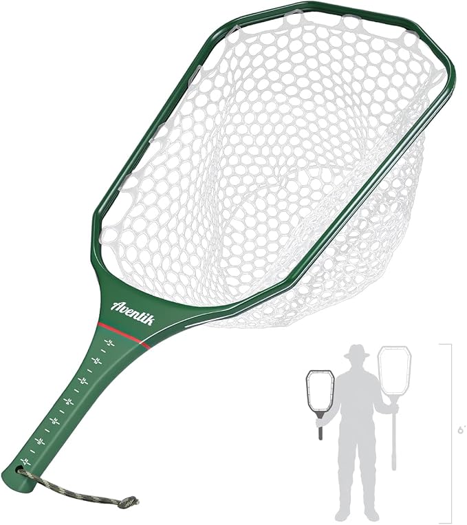 Riverruns Fly Fishing Landing Net Carbon Fiber Trout Net with Measurement Handle, Soft Rubber Mesh - 26" Standard (Wading) / 37" Long (Kayak)