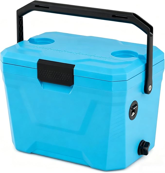 KOTEK 21qt Hard Cooler, Insulated Portable Ice Chest with Drain Plug, Bottle Opener & Cup Holders, Outdoor Cooler with Handle for Camping, Beach, Fishing and Boating