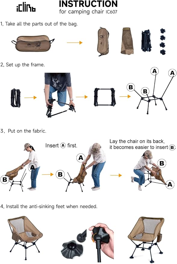 iClimb Ultralight Compact Camping Folding Beach Chair with Anti-Sinking Large Feet and Back Support Webbing (Brown - Square Frame - 2PC)