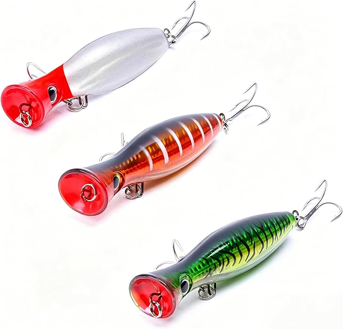 Popper Fishing Lure Set, 3 PCS Topwater Popper Lures 3D Eyes Fishing Accessories for Saltwater Surface Casting and Freshwater Fishing Gt Tuna Kingfish Large Predator Fish (5.11in, 1.48Oz)