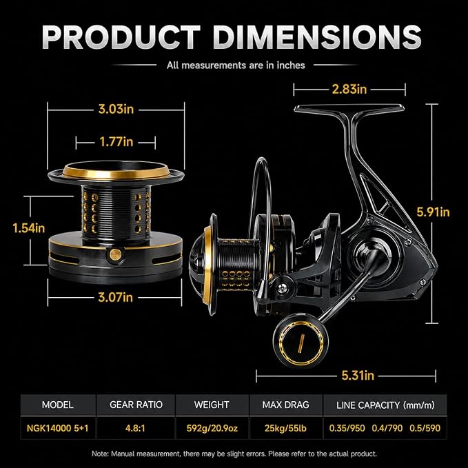 Saltwater Spinning Reel 14000, 44Lbs Max Drag Surf Fishing Reel with Screw-in Handle, Slow Oscillation System for Bass Catfish Inshore Offshore Saltwater Freshwater