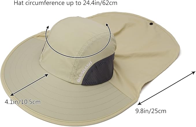 BASSDASH UPF 50+ Unisex Water Resistant Wide Brim Sun Hat with Large Neck Flap Ponytail Fishing Hat for Men Women