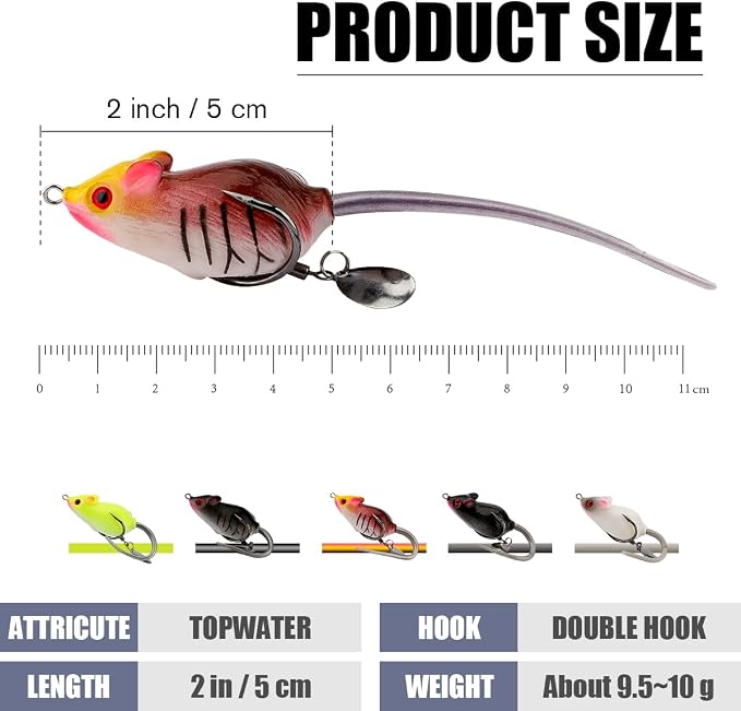 Topwater Mouse Fishing Lures, Realistic Mouse Rat Lure Baits for Bass, Trout, Catfish, Pike, Perch - Rat Lure Includes Tackle Box - Freshwater & Saltwater Angling