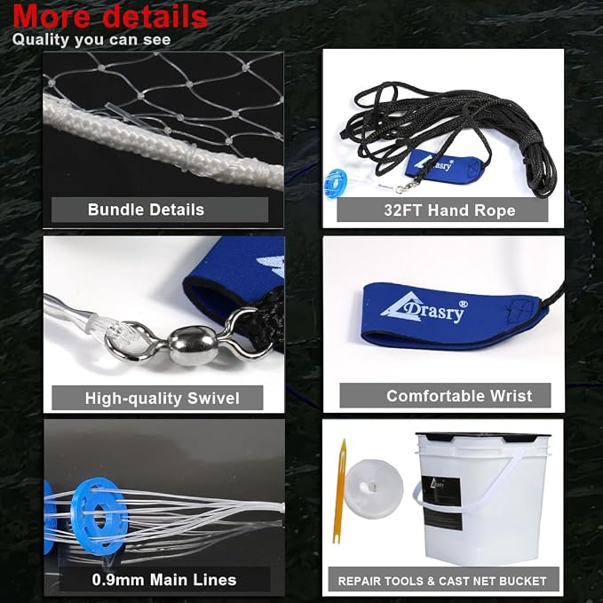 Drasry Saltwater Fishing Cast Net 3/8 and 1/4 Mesh with Heavy Duty Gray Sinker American Monofilament Fish Throw Net for Bait Trap 3FT 4FT 5FT 6FT 7FT 8FT 9FT Radius