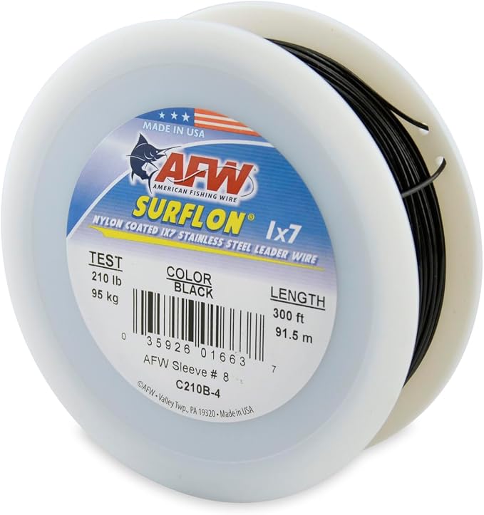 American Fishing Wire Surflon Nylon Coated 1x7 Stainless Steel Wire Leader - Wire Fishing Leader Line for Saltwater 10lb Up To 250lb Test in Bright, Black, Camo in 30ft, 100ft, 300ft, & 1000ft Lengths