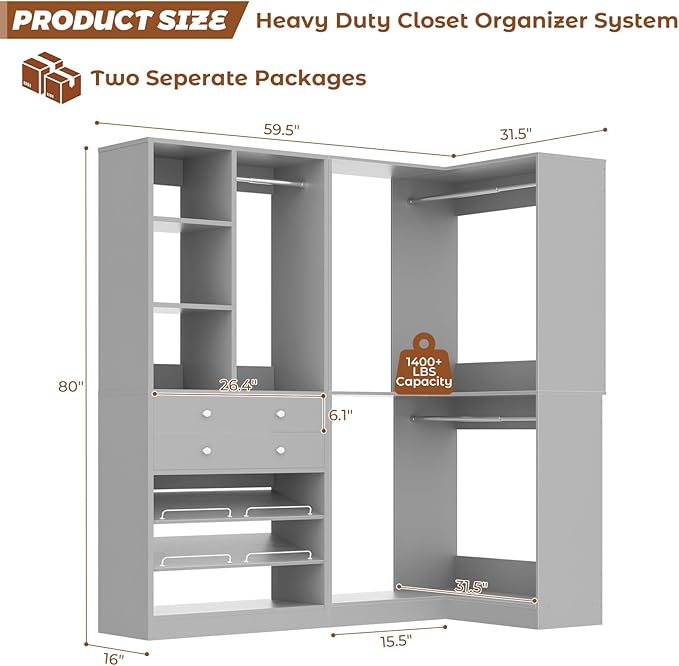 Closet System with 2 Drawers, 3 Hanging Rods, 59.5" * 31.5" Closet Organizer System with Corner Tower, Reversible L Shaped Walk-in Closet System, Corner Closet System Set of 2, Morandi Grey