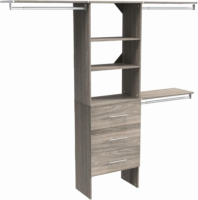 ClosetMaid SuiteSymphony Wood Closet Organizer Kit with Tower, 3 Hang Rods, Top Shelves, 3 Drawers, Modern, Fits Spaces 6 - 10 ft. Wide, Graphite Grey