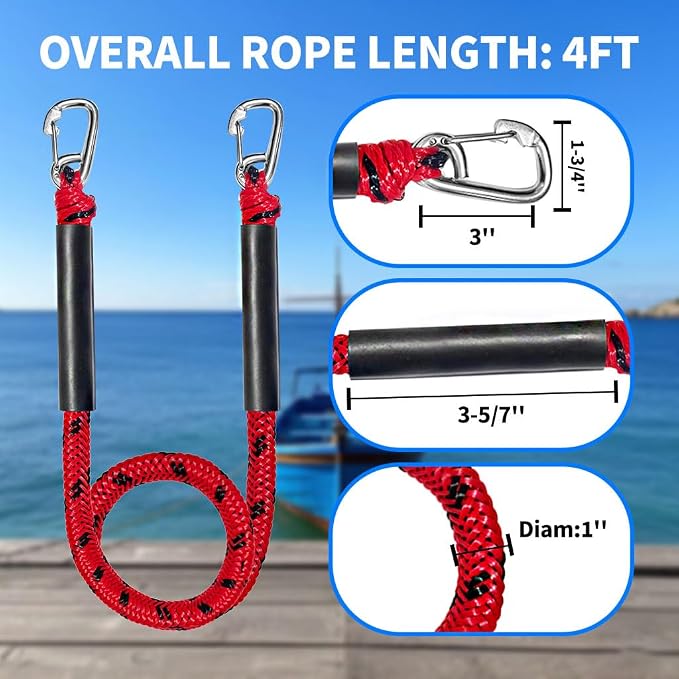 Bungee Boat Dock Line, Boat Rope with Double 316 Stainless Steel Clips Accessories for Bass Boat, Kayak, Pontoon, Watercraft, Waverunner, SeaDoo, Canoe,2Packs,4-6FT,Red&Black