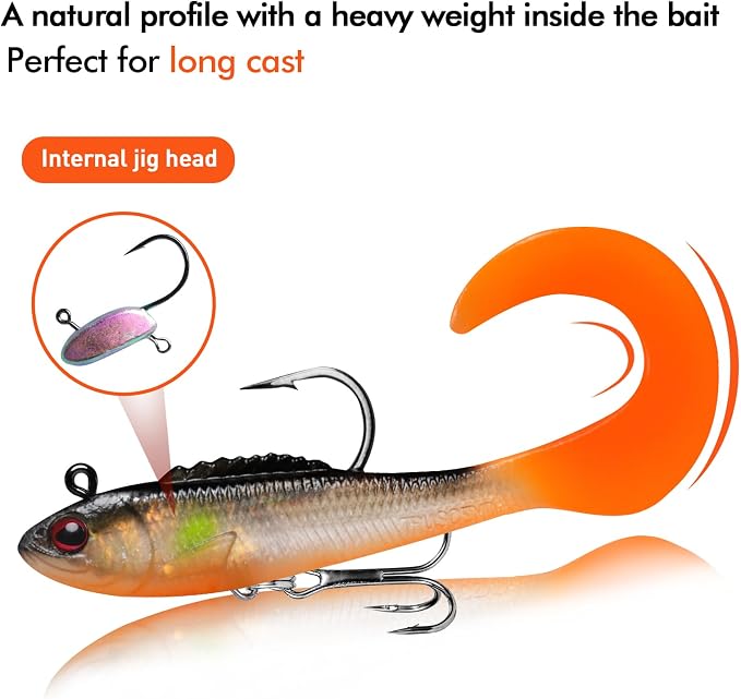 TRUSCEND Shadtale Easy Catch Soft Fishing Lures with BKK Hooks - Trembly Sinking and Vibrating Swim for More Bites, Pre-Rigged Swimbaits for Bass, Trout, Crappie, Walleye, Freshwater Saltwater Fishing
