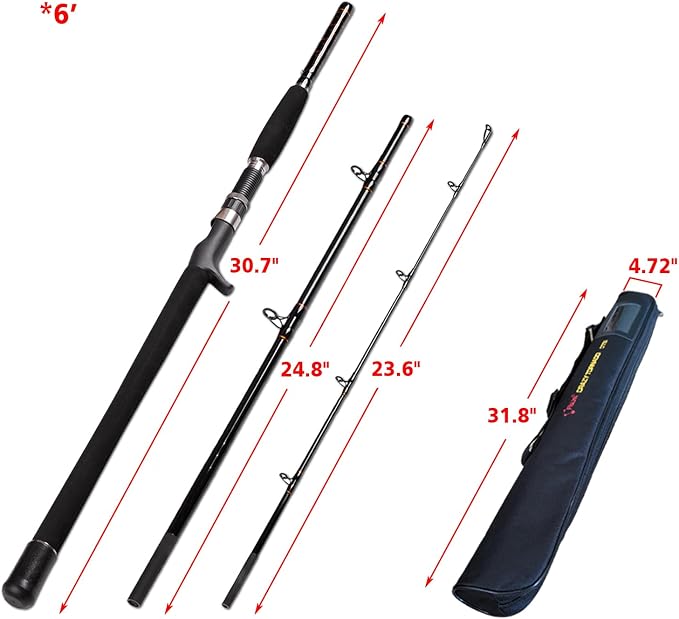 Portable Saltwater Offshore Heavy 3-Piece Travel Graphite Baitcasting Fishing Poles Casting Boat Jigging Trolling Conventional Rods with Rod Case Bag (6'/7'/8')