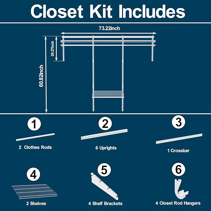 4-8FT Closet Shelving System, Adjustable Metal Wire Shelves, Wall-mounted Closets Kit with Expandable Hanging Rod, DIY Organization Rack for Walk-in/Built-in Wardrobe of Bedroom, Laundry