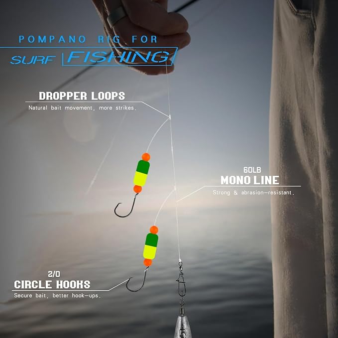 Pompano Rig Saltwater Surf Fishing Rigs – Double Drop Leader Rigs with Hooks, Floats, Beads & Snap – Easy Pre-Tied Terminal Tackle for Pompano, Whiting, Redfish