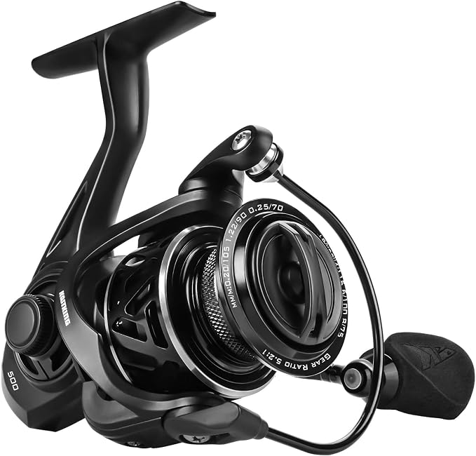 KastKing Zephyr Spinning Reels – 7+1/6+1 BB – Carbon Fiber Drag – Stainless Steel Shaft – Aluminum & CNC Spool – Black/Green/Orange – Sizes 500/1000 SFS – ICE Fishing Ready Reels!