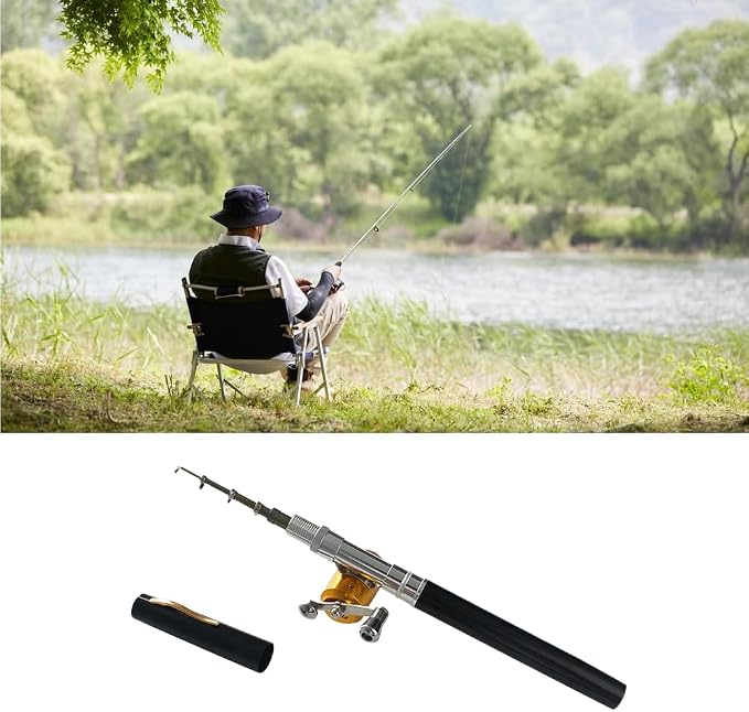 Mini Fishing Rod Reel Combo, Pocket Fish Pole Pen Shape Kit Pockets Size Fishing Rods Portable Telescopic Lightweight Aluminum Alloy Freshwater River Lake Reservoir Saltwater Gift for Man