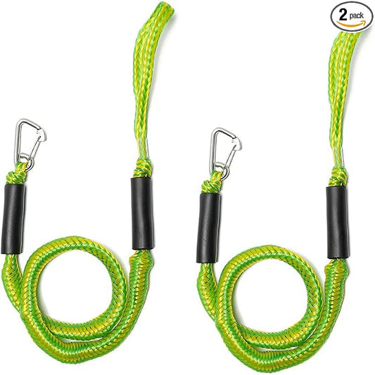Bungee Dock Line with Stainless Steel Clip – Boat Dock Rope with Foam Float for Kayak, Canoe, Pontoon, Watercraft, SeaDoo, Docking – 4–5.5 ft, 2 Pack（Yellow&Green）