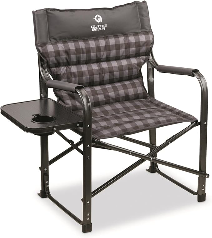 Guide Gear XL Comfort Padded Director’s Camp Chair; 400-lb. Capacity, for Camping, Fishing or by the Beach and Swimming Pool Gray Plaid