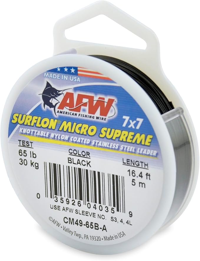American Fishing Wire Surflon Micro Supreme Nylon Coated 7x7 Stainless Steel Leader Wire - Knottable Wire Leaders for Fishing Saltwater, Fly Fishing, 13lb Test - 90lb Test, Bright, Black & Camo Colors