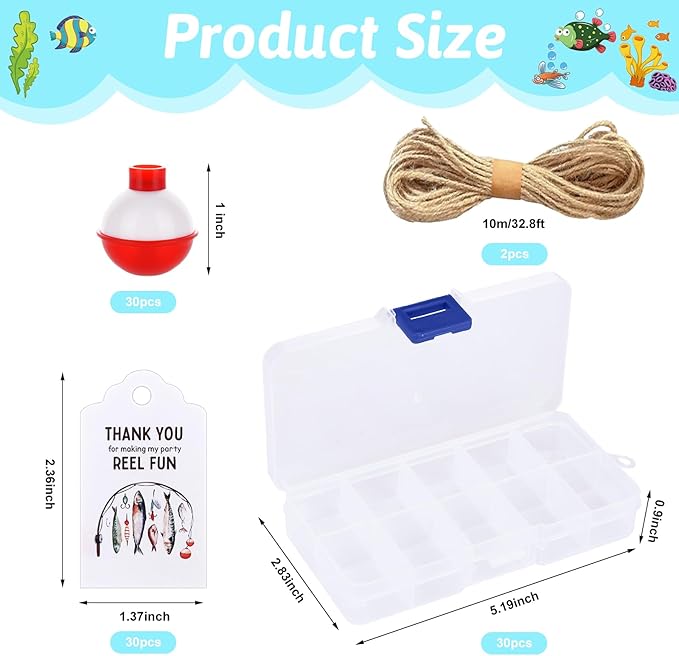 Draupnir 30 Sets Fishing Party Favors Candy Tackle Boxes with 30 Fishing Bobber 30 Thank You Cards for Fishing Theme Decorations