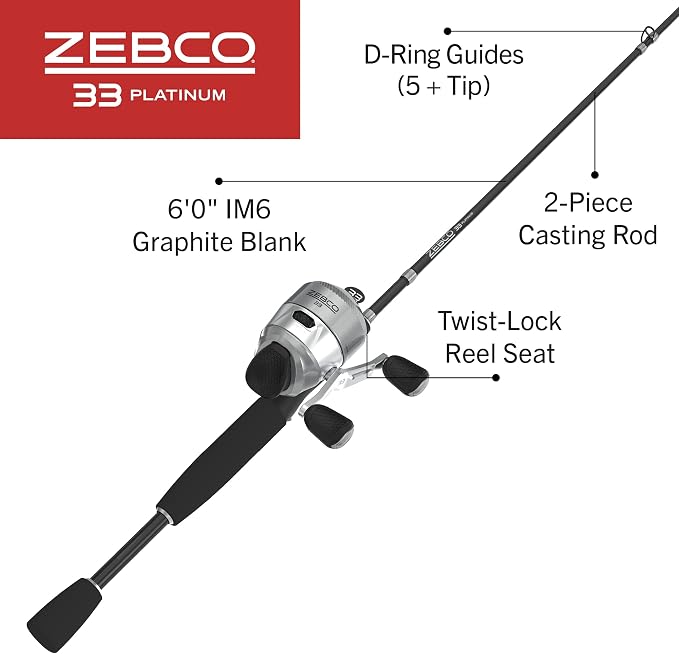 Zebco 33 Platinum Spincast Reel and Fishing Rod Combo, Anti-Reverse Clutch