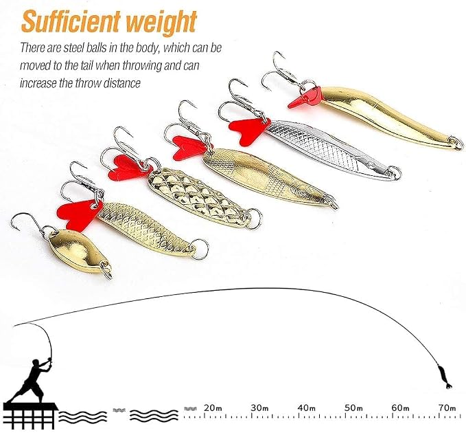 DONQL Spoon Fishing Lures, Metal Fishing Spoon Lures Hard Baits Saltwater Fishing Lures Spinner Baits Fish Treble Hooks Tackle Salmon Bass