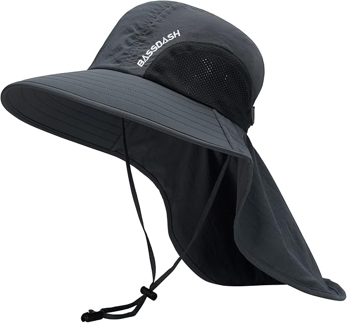 BASSDASH UPF 50+ Unisex Water Resistant Wide Brim Sun Hat with Large Neck Flap Ponytail Fishing Hat for Men Women