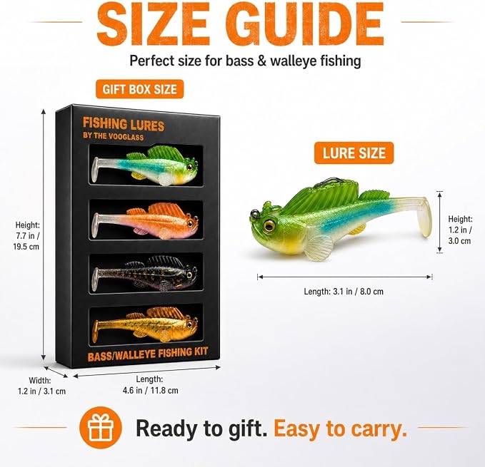 Soft Fishing Lure Kit for Bass/Trout/Pike/Salmon, 4Pcs Fishing Gear for Individually Packaged Baits with Gift Box