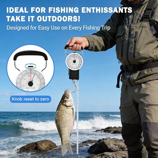 Fishing Hanging Scale, 80lb/35kg Fish Weight Analog Spring Hook Crane Scale Kit with 1M Tape Measure, Ergonomic Handle Fishing Gifts Gear for Men