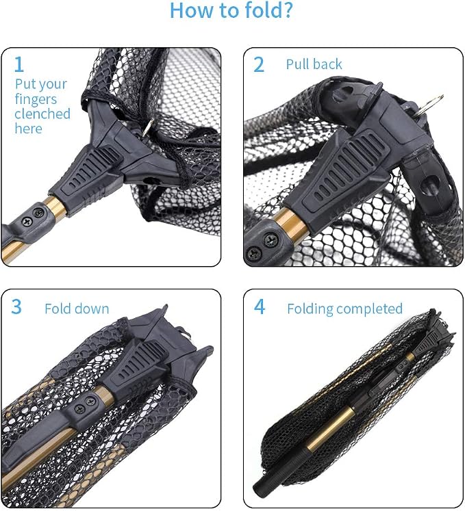 YVLEEN Folding Fishing Net - Foldable Fish Landing Net Robust Aluminum Telescopic Pole Handle and Nylon Mesh 16inch Hoop Size