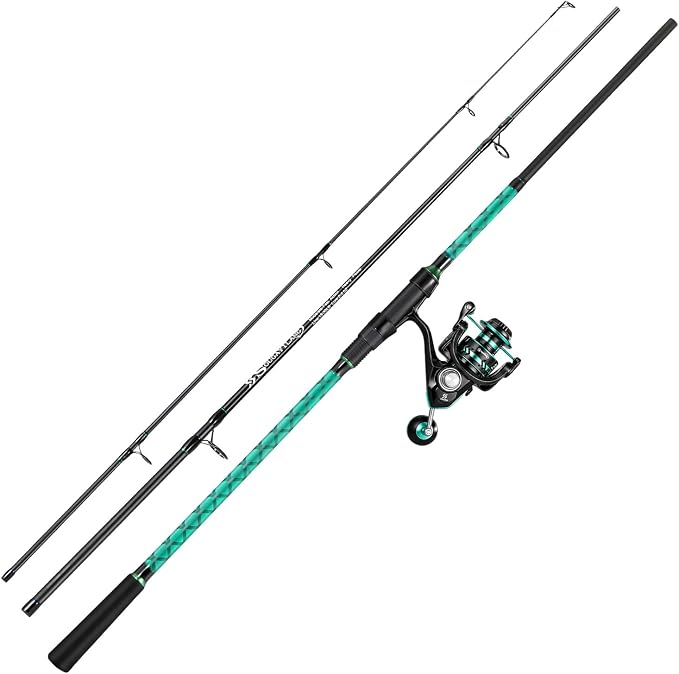 Sougayilang Surf Fishing Rod and Reel Combo, 9-12 ft 3-Piece Surf Rod with 4000-6000 Spinning Reel, Carbon Fiber Saltwater Fishing Combo for Beach Bank and Pier Fishing