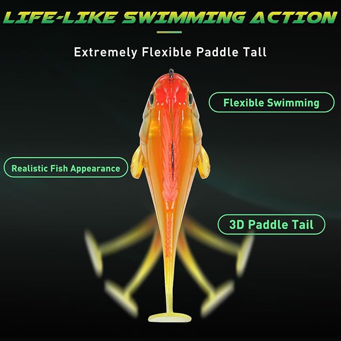 GOTOUR Pre-Rigged Soft Fishing Lures with Weedless Hook, Lifelike Paddle Tail Swimbaits for Bass Fishing, Freshwater & Saltwater Fishing Bait, Fishing Tackle for Bass, Pike, Trout, and Walleye