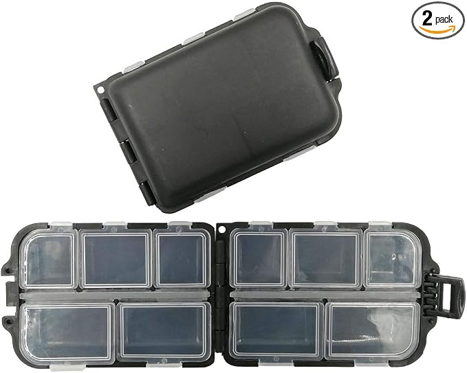 2x Small Hard Fishing Tackle Box Portable Case Hooks Lure Baits Storage Box Containers For Storing Swivels Jigs Hooks Sinker,10 Compartments (Black)