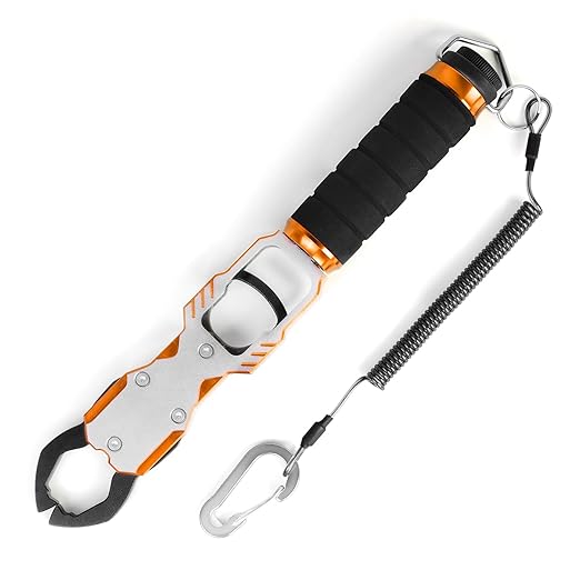 Ghosthorn 11" Aluminum Alloy Fish Lip Gripper with Scale - 40lbs Saltwater Fishing Grabber Tool, 360° Swivel Non-Slip Handle, Corrosion-Resistant Fish Holder for Caught Fish, Fish Control Tackle