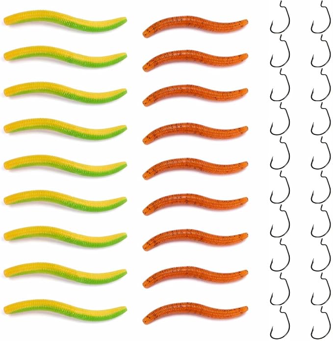 Soft Plastic Worm Fishing Kit, 5.5 Inch 0.25oz Stick Baits, 20pcs Double Color Segmented Worms (10 Each) with 20 Fishing Hooks, Scented Bionic Bass Fishing Lure Set