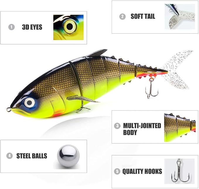 Large Multi Jointed Fishing Lures Bait,Big Giant Fishing Bass Lures,Crankbaits Swimbaits with Treble Hook