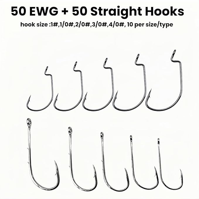 Free Rig Fishing Kit, 50pcs Cylinder＆Teardrop Weights (Size 1/8oz,3/16oz,1/4oz,3/8oz, 1/2oz, 5 Each), 100pcs Offset Hooks＆Straight Hooks (Size 1#,1/0#,2/0#,3/0#,4/0#,10 Each) for Bass Fishing